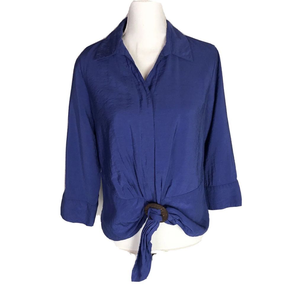 COLDWATER CREEK Size PM Blue Hidden‎ Button BUCKLE TIE Front SHIRT Blouse